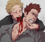  2boys blonde_hair blood_sucking blood_trail blue_eyes boku_no_hero_academia chest_hair collarbone couple facial_hair fangs feathered_wings fukurau hand_on_another&#039;s_face hawks_(boku_no_hero_academia) injury large_pectorals male_cleavage male_focus mature_male multiple_boys muscular muscular_male partially_unbuttoned red_hair scar scar_across_eye short_hair sideburns spiked_hair stubble todoroki_enji upper_body wings yaoi 