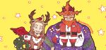  2boys animal_costume antlers arm_grab beard boku_no_hero_academia christmas couple facial_hair feathered_wings fire hawks_(boku_no_hero_academia) large_pectorals looking_at_viewer male_focus mature_male multiple_boys muscular muscular_male popo_take reindeer_antlers reindeer_costume scar scar_across_eye short_hair sideburns spiked_hair straight-on stubble sweater todoroki_enji upper_body wings yaoi 