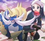  1girl black_hair cloud commentary_request eyelashes female_protagonist_(pokemon_legends:_arceus) gen_5_pokemon head_scarf highres holding holding_poke_ball long_hair looking_to_the_side open_mouth poke_ball poke_ball_(legends) pokemon pokemon_(creature) pokemon_(game) pokemon_legends:_arceus ponytail samurott scarf sidelocks signature sky smile socks surumeika_(ninfiiiir) sweat tongue undershirt white_headwear 