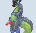  anthro armor belly black_horn blue_body blue_skin blush bodily_fluids diphallism dragon embarrassed erection eyes_closed frill_(anatomy) genitals green_body green_membrane green_skin hand_on_hip hand_on_stomach horizontal_diphallism horn male membrane_(anatomy) membranous_frill motion_lines multi_genitalia multi_penis multicolored_body multicolored_skin penis pink_penis redponei simple_background slightly_chubby solo sweat sweatdrop synth_(vader-san) tapering_penis thick_tail two_tone_body two_tone_skin white_background 