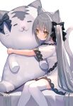  1girl animal_ear_fluff animal_ears black_bow blush bow cat_ears cat_tail closed_mouth dress feet_out_of_frame frilled_dress frills hair_bow heart highres long_hair looking_at_viewer object_hug original rk_(rktorinegi) short_sleeves silver_hair simple_background sitting solo stuffed_animal stuffed_cat stuffed_toy tail thighhighs twintails very_long_hair white_background white_dress white_legwear yellow_eyes zettai_ryouiki 