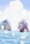  2girls ^_^ bangs blue_hair closed_eyes cloud eyebrows_visible_through_hair feather_hair_ornament ghett0taku highres hololive hololive_english hololive_indonesia laughing leaning_back looking_up mori_calliope multiple_girls open_mouth partially_submerged pavolia_reine pink_hair shoulders sky tiara white_background 
