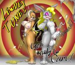  anthro big_breasts blonde_hair bodily_fluids breast_fondling breasts bugs_bunny cum cumshot duo ejaculation female fondling genital_fluids girly hair hand_on_breast hi_res lola_bunny looney_tunes male male/female masturbation onomatopoeia sound_effects spanking text urine warner_brothers 甘水 