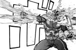  1boy beard bodysuit boku_no_hero_academia bulge covered_abs facial_hair feet_out_of_frame fire greyscale injury large_pectorals legs_apart male_focus mature_male monochrome muscular muscular_male scar scar_across_eye short_hair solo sound_effects spiked_hair thick_thighs thighs todoroki_enji torn_bodysuit torn_clothes u2suke 