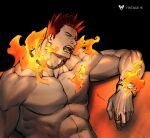  1boy abs bara beard biceps black_gloves blue_eyes boku_no_hero_academia couch dark facial_hair fingerless_gloves fire gloves highres jewelry large_pectorals looking_at_viewer male_focus mature_male muscular muscular_male no_nipples nude on_couch open_mouth red_hair ring scar scar_across_eye short_hair sideburns solo spiked_hair stubble todoroki_enji u2suke veins 