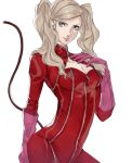  1girl arm_up bangs blonde_hair blue_eyes bodysuit boots breasts cat_mask cat_tail catsuit earrings gloves hand_on_own_chest high_heels highres jewelry lips long_hair long_sleeves looking_at_viewer looking_back medium_breasts persona persona_5 pertex_777 pink_gloves red_bodysuit red_legwear simple_background solo tail takamaki_anne thigh_boots thighhighs twintails white_background zipper 
