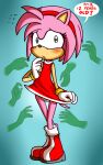  absurd_res amy_rose anibaruthecat blush clothed clothing dialogue disembodied_hand english_text eulipotyphlan eyelashes female footwear hedgehog hi_res looking_at_viewer mammal solo_focus sonic_the_hedgehog_(series) speach_bubble text 