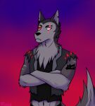  abs canid canid_demon canine clothing demon hellhound hi_res koziol male mammal muscular muscular_male shirt solo topwear torn_clothing vest vortex_(vivzmind) 