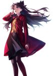  1girl applekun black_hair black_legwear black_skirt blue_eyes brown_vest coat fate/stay_night fate_(series) highres homurahara_academy_uniform long_hair long_sleeves medium_skirt neck_ribbon pantyhose red_coat red_ribbon ribbon skirt solo sweater tohsaka_rin two_side_up vest 