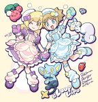 2girls :d apron arm_up bandaid bandaid_on_leg bangs blonde_hair blunt_bangs blush_stickers bow brown_eyes character_request check_character cherubi closed_mouth commentary_request dated dress eyebrows_visible_through_hair eyelashes gen_4_pokemon hair_bow hat kate_(pokemon) leg_warmers long_hair mittens multiple_girls nibo_(att_130) open_mouth oven_mitts pachirisu pokemon pokemon_(creature) pokemon_(game) pokemon_ranger pokemon_ranger_2 purple_dress purple_mittens rhythmi_(pokemon) shinx shoes short_sleeves smile translation_request 