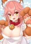  1girl absurdres animal_ear_fluff animal_ears apron bell breasts casek cat_paws cleavage collar eyebrows_visible_through_hair fate/grand_order fate_(series) fox_ears fox_girl fox_tail gloves highres jingle_bell large_breasts looking_at_viewer naked_apron neck_bell open_mouth paw_gloves paws pink_hair solo tail tamamo_(fate)_(all) tamamo_cat_(fate) white_apron yellow_eyes 