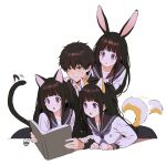  1boy 1girl :o animal_ears artist_logo bad_id bad_twitter_id bangs black_hair black_jacket black_sailor_collar blush book bunny_ears cat_ears cat_tail chitanda_eru clone closed_mouth collarbone collared_jacket dog_ears dog_tail excited eyebrows_visible_through_hair gakuran green_eyes hair_between_eyes hetero highres holding holding_another&#039;s_arm holding_book hyouka jacket kamiyama_high_school_uniform long_hair long_sleeves mery_(yangmalgage) open_book open_mouth oreki_houtarou purple_eyes reading revision sailor_collar school_uniform serafuku shirt short_hair simple_background skirt sweat tail upper_body white_background white_shirt 