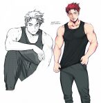  1boy alternate_hairstyle bare_shoulders black_tank_top blue_eyes boku_no_hero_academia collage cropped_legs grey_pants highres keva_(liltkeva) looking_to_the_side male_focus muscular muscular_male pants pectorals red_hair short_hair sidepec spiked_hair sweatdrop tank_top todoroki_enji younger 