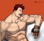  1boy abs bara beard biceps black_gloves blue_eyes boku_no_hero_academia couch facial_hair fingerless_gloves gloves highres large_pectorals looking_at_viewer male_focus mature_male muscular muscular_male no_nipples nude on_couch open_mouth red_hair scar scar_across_eye short_hair sideburns solo spiked_hair stubble todoroki_enji u2suke veins 