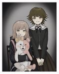  1boy 1girl bangs black_jacket black_legwear blush blush_stickers border bow brown_eyes brown_hair brown_skirt chair commentary_request danganronpa:_trigger_happy_havoc danganronpa_(series) danganronpa_2:_goodbye_despair ear_bow flipped_hair fujisaki_chihiro green_eyes hair_ornament highres jacket light_brown_hair long_sleeves male_focus medium_hair monomi_(danganronpa) nanami_chiaki neck_ribbon orange_bow otoko_no_ko renshu_usodayo ribbon school_uniform short_hair sitting skirt smile spaceship_hair_ornament white_border 