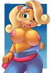  2021 5_fingers absurd_res activision aerth anthro areola bandicoot big_breasts blonde_hair bottomwear breasts clothed clothing clothing_pull coco_bandicoot crash_bandicoot_(series) denim denim_clothing exposed_breasts eyebrows eyewear fangs female fingers goggles goggles_on_head green_eyes hair hair_over_eye hi_res jeans mammal marsupial nipples one_eye_obstructed open_mouth orange_body orange_skin overalls pants signature solo topless video_games 