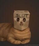  ambiguous_gender brown_background domestic_cat english_text felid feline felis feral hi_res humor looking_at_viewer lying mammal on_front paper_bag plantpotperson signature simple_background solo text 