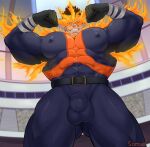  1boy ass_visible_through_thighs bara biceps blue_bodysuit blue_eyes bodysuit boku_no_hero_academia covered_abs covered_navel covered_nipples facial_hair flexing highres impossible_clothes large_pectorals male_focus mature_male muscular muscular_male pectorals pose red_hair scar scar_across_eye short_hair sideburns skin_tight smile solo spiked_hair stubble thick_thighs thighs todoroki_enji xianyusamuel 