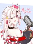  1girl absurdres apex_legends b3_wingman back blush from_behind gun hair_bun highres holding holding_gun holding_weapon hololive horns huge_filesize japanese_clothes looking_back multicolored_hair muye_coconut nakiri_ayame off_shoulder one_eye_closed oni oni_horns open_mouth red_eyes red_hair revolver side_bun solo streaked_hair virtual_youtuber weapon white_hair 