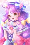  1girl :d air_bubble aoi_itou aqua_eyes bangs blue_bow bow brown_eyes bubble choker cure_coral dress earrings fingerless_gloves gloves hair_bow hat hat_bow heart heart_facial_mark heart_in_eye highres jewelry long_hair looking_at_viewer magical_girl multicolored multicolored_eyes multiple_hair_bows open_mouth parted_bangs pink_bow precure purple_dress purple_hair purple_neckwear sailor_hat signature smile solo striped striped_bow suzumura_sango symbol_in_eye tropical-rouge!_precure twintails upper_body white_gloves white_headwear yellow_bow 