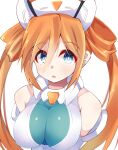  1girl bare_shoulders blue_eyes breasts double_bun elbow_gloves gloves hair_between_eyes hair_rings hat highres large_breasts leotard long_hair looking_at_viewer neptune_(series) open_mouth orange_hair orange_heart power_symbol shimeji_wyvern shin_jigen_game_neptune_vii solo symbol-shaped_pupils twintails upper_body 