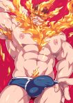  1boy abs absurdres armpits bara beard blue_eyes blue_male_underwear boku_no_hero_academia briefs bulge bursting_pecs cover cover_page cowboy_shot doujin_cover erection erection_under_clothes facial_hair fire highres large_pectorals looking_at_viewer male_focus male_underwear mature_male mazjojo muscular muscular_male navel nipples pectorals pulled_by_another red_hair short_hair sideburns solo spiked_hair thick_thighs thighs todoroki_enji underwear underwear_pull 