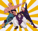  3boys arm_up bangs black_hair black_jacket black_pants black_sclera blank_eyes bleeding blood blood_on_face brothers brown_footwear choso_(jujutsu_kaisen) closed_mouth colored_sclera eso_(jujutsu_kaisen) facial_tattoo full_body gakuran ginyu_force_pose highres hood hood_down hoodie jacket jojoradio49461 jujutsu_kaisen kechizu_(jujutsu_kaisen) long_sleeves looking_at_viewer monster multiple_boys one_knee open_mouth pants red_hoodie school_uniform shirt shoes short_twintails siblings smile standing sweatdrop tattoo teeth twintails white_pants white_shirt wide_sleeves wrist_cuffs 