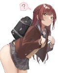  1girl ? absurdres ass bag bangs bent_over black_bag blush braid brown_eyes brown_hair brown_jacket brown_vest charm_(object) collared_shirt commentary_request cowboy_shot grey_skirt highres idolmaster idolmaster_shiny_colors jacket long_hair long_sleeves oosaki_amana panties pink_panties school_bag shirt simple_background skindentation skirt skirt_lift solo spoken_question_mark striped striped_neckwear teeth underwear vest wanimaru white_shirt 