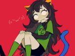  1girl :3 bim0ngsam0ng black_hair black_shirt collared_shirt colored_skin english_commentary fangs green_legwear green_shirt grey_skin hands_on_own_knees head_tilt homestuck horns long_hair long_sleeves looking_at_viewer messy_hair meulin_leijon no_pupils red_background shirt shirt_under_shirt shorts simple_background smile solo tail troll_(homestuck) very_long_hair white_eyes 