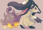  closed_mouth commentary_request eyelashes gen_3_pokemon gen_6_pokemon hand_up highres looking_at_viewer mawile nekozane_chisa no_humans pokemon pokemon_(creature) pumpkaboo purple_eyes signature simple_background smile 