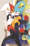  2021 3_toes 5_fingers anthro anthro_on_anthro black_body black_fur blue_body blush chair cinderace crossed_legs duo feet female fingers fur furniture hi_res inteleon lagomorph larger_male male male/female mammal nintendo on_lap one_eye_closed pok&eacute;mon pok&eacute;mon_(species) prrrrrrmine red_body red_fur scalie simple_background sitting sitting_on_lap size_difference smaller_female smile toes video_games white_body white_fur 