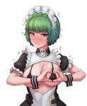  areola_slip areolae arin_sel bangs bikini blue_eyes braid breasts crown_braid dress embarrassed eyebrows_visible_through_hair green_hair heart heart_hands highres large_breasts last_origin maid maid_headdress open_clothes open_dress puffy_short_sleeves puffy_sleeves short_hair short_sleeves simple_background swimsuit tears trembling vanilla_a1 white_background 