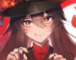  1girl black_headwear brown_hair eyebrows_visible_through_hair fang flower genshin_impact ghost hair_between_eyes hat hat_ornament highres hu_tao jewelry kanniiepan long_hair looking_at_viewer red_eyes ring solo tongue tongue_out 