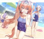  4girls ^^^ animal_ears bangs bare_arms bare_shoulders barefoot beach beach_umbrella blue_swimsuit blush brown_hair commentary_request daiwa_scarlet day eyebrows_visible_through_hair fang gold_ship hair_between_eyes hair_intakes hair_over_one_eye hand_on_hip holding horse_ears horse_girl horse_tail innertube leaning_forward long_hair looking_at_viewer mejiro_mcqueen multiple_girls one-piece_swimsuit open_mouth outdoors purple_hair red_eyes sand seiza shadow shaka_(staito0515) sitting soles standing sweat swimsuit tail tiara twintails umamusume umbrella very_long_hair vodka_(umamusume) water 
