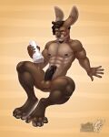  4:5 abs anthro balls blush bodily_fluids braided_hair brown_body brown_fur buckteeth erection eyebrow_piercing facial_hair facial_piercing fur genital_fluids genitals goatee hair hi_res humanoid_genitalia humanoid_penis lagomorph leporid lube male mammal muscular muscular_anthro muscular_male nails penetrable_sex_toy penis piercing precum rabbit sex_toy smile solo teeth vallhund 