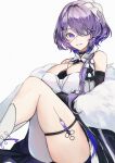  1girl absurdres arknights bare_shoulders breasts cleavage eyepatch fanshu feet_out_of_frame fur_shawl hair_ornament hair_over_one_eye highres knees_up large_breasts long_hair looking_at_viewer medical_eyepatch official_alternate_costume one_eye_covered parted_lips purple_eyes purple_hair simple_background single_leg_pantyhose sitting skindentation smile solo thigh_strap thighs whisperain_(arknights) whisperain_(tremble_cold)_(arknights) white_background white_legwear 