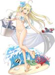  1girl alternate_costume azur_lane bag bangs bare_shoulders bikini blonde_hair blue_eyes bow breasts centaur_(azur_lane) centaur_(undine_of_the_beach)_(azur_lane) collarbone coral eyebrows_visible_through_hair fish full_body gannet_(airplane) green_eyes hair_bow highres holding leg_up long_hair looking_at_viewer medium_breasts navel official_art open_mouth platform_footwear pointy_ears seashell shell shiny shiny_hair sidelocks smile solo starfish strapless swimsuit toeless_footwear tony_taka transparent_background tubetop underboob water wedge_heels white_bikini 