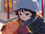  1girl absurdres black_coat black_eyes bread closed_mouth coat food fur_hat hat highres holding holding_food hood hood_down hooded_coat looking_at_viewer medium_hair melon_bread mittens original red_mittens ryusei_hashida smile snow solo 
