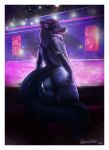  2021 anthro butt canid canine canis club_(disambiguation) digital_media_(artwork) fur hair hi_res male mammal nude obormotter purple_background purple_eyes signature simple_background striptease wolf 