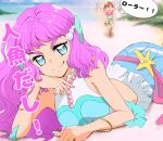  2girls bare_shoulders beach blue_eyes blue_sky blurry blurry_background blush bracelet brown_hair chibi closed_mouth cloud commentary crop_top day doyagao green_shorts hair_ornament head_rest highres jewelry laura_(precure) long_hair looking_at_viewer lying mermaid midriff monster_girl multiple_girls natsuumi_manatsu necklace on_stomach outdoors palm_tree pearl_hair_ornament pearl_necklace pink_hair precure running sand shirt shorts side_ponytail sky sleeveless smile smug tree tropical-rouge!_precure uta_(yagashiro25) waving white_shirt 