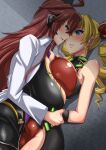  2girls ahoge asymmetrical_docking ayuayu_(shouyu_no_sato) blonde_hair blue_eyes blush bodysuit breast_press breasts character_request claire_harvey drill_hair earrings huge_breasts hundred jewelry multiple_girls red_hair tagme twintails yellow_eyes yuri 