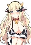  1girl animal_ears animal_print bangs bare_shoulders bikini black_bow blonde_hair blue_eyes blush bow breasts bridal_gauntlets cleavage collar cow_ears cow_horns cow_print detached_sleeves elf gloves hair_bow horns horosuke_(toot08) large_breasts long_hair looking_at_viewer navel open_mouth pointy_ears princess_connect! princess_connect!_re:dive saren_(princess_connect!) swimsuit white_bikini 
