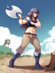  ._. 2girls abs absurdres blue_footwear blue_hair boots day fire_emblem fire_emblem_awakening frogbians green_hair highres kid_icarus kid_icarus_uprising long_hair lucina_(fire_emblem) midriff multiple_girls muscle_awe muscular muscular_female navel outdoors palutena super_smash_bros. 