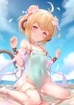  1girl :3 ahoge andira_(granblue_fantasy) animal_ears bare_shoulders barefoot beach blonde_hair blue_sky blush breasts closed_mouth cloud collarbone covered_navel day double_bun erune eyebrows_visible_through_hair flower granblue_fantasy hair_flower hair_ornament hands_up highleg highres in_water kimblee looking_at_viewer monkey_ears monkey_tail ocean one-piece_swimsuit outdoors petals red_eyes revision sitting sky small_breasts smile solo swimsuit tail thighs wariza wet 
