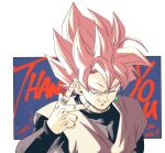  1boy 2020 arm_at_side artist_name black_shirt blue_background border bright_pupils commentary dragon_ball dragon_ball_super earrings english_commentary english_text evil_smile fenyon fingernails goku_black grey_shirt hand_up highres jewelry long_sleeves looking_at_viewer looking_up male_focus pink_hair potara_earrings ring shirt sidelighting simple_background single_earring sleeveless sleeveless_shirt smile spiked_hair super_saiyan super_saiyan_rose thank_you upper_body white_border white_pupils 