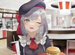  1girl ;d alternate_costume apron bangs blunt_bangs blush bow braid cabbie_hat chair drink drinking_straw employee_uniform fast_food fast_food_uniform food genshin_impact green_eyes grey_hair hair_bow hamburger hat highres holding holding_drink kb_beary looking_at_viewer noelle_(genshin_impact) one_eye_closed open_mouth red_bow red_neckwear restaurant short_hair smile solo tray uniform upper_body upper_teeth waitress 
