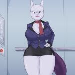  absurd_res anthro big_breasts bottomwear breasts bunnydocemel business_suit clothed clothing elevator fan_character female genitals hand_on_hip hi_res legendary_pok&eacute;mon mew_tuely_(fan_character) mewtwo miniskirt nintendo no_underwear pok&eacute;mon pok&eacute;mon_(species) pussy scarf skirt solo suit video_games 