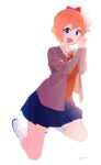  1girl :d absurdres blue_eyes blue_skirt bow collared_shirt doki_doki_literature_club fingernails full_body grey_jacket hair_bow highres interlocked_fingers jacket kneeling long_sleeves looking_at_viewer miniskirt neck_ribbon one_side_up open_clothes open_jacket open_mouth orange_hair pleated_skirt red_bow red_neckwear red_ribbon red_vest ribbon ryusei_hashida sayori_(doki_doki_literature_club) school_uniform shirt shoes short_hair simple_background skirt smile socks solo vest white_background white_footwear white_legwear white_shirt wing_collar 