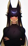  1girl absurdres anput_(nsfwolf) bangs black_hair blunt_bangs breasts crossed_arms dark_skin dark_skinned_female highres large_breasts nsfwolf original red_eyes solo upper_body 