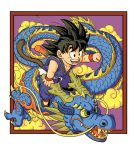  1boy :d animal black_eyes black_footwear black_hair border clenched_hand cloud collarbone dougi dragon dragon_ball dragon_ball_(classic) dragon_riding facing_viewer fingernails floating_hair full_body green_eyes happy highres horns looking_afar male_focus monkey_tail nyoibo open_mouth outside_border outstretched_hand purple_background riding shaded_face sharp_teeth shoes simple_background smile son_goku spiked_hair standing tail teeth toriyama_akira_(style) wangsen578 weapon whiskers white_border wristband 